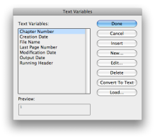 Окно управления текстовыми переменными в AdobeInDeign CS3